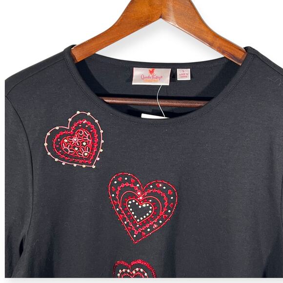Quacker Factory T-Shirt Long Sleeve Hearts Black Cotton Blend Valentine Large - Picture 5 of 11